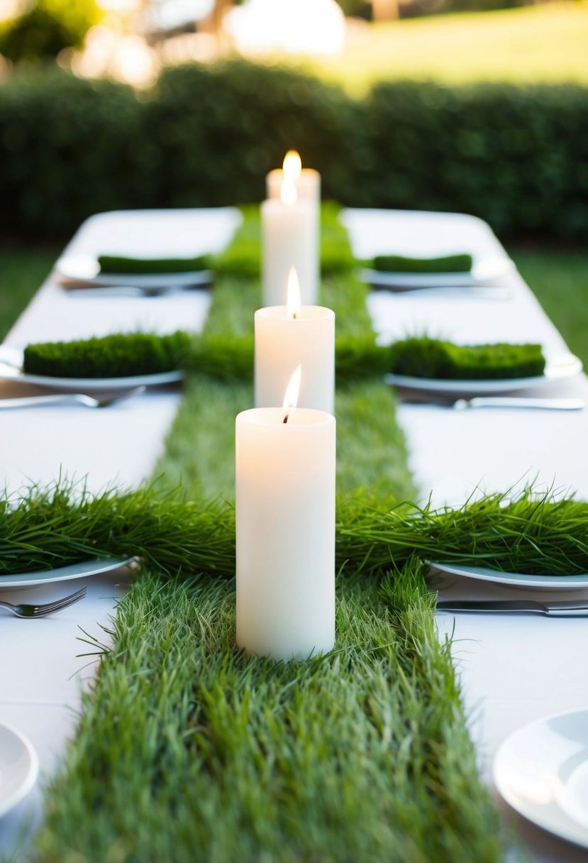 Green grass runners lay across white candleholders on a wedding table