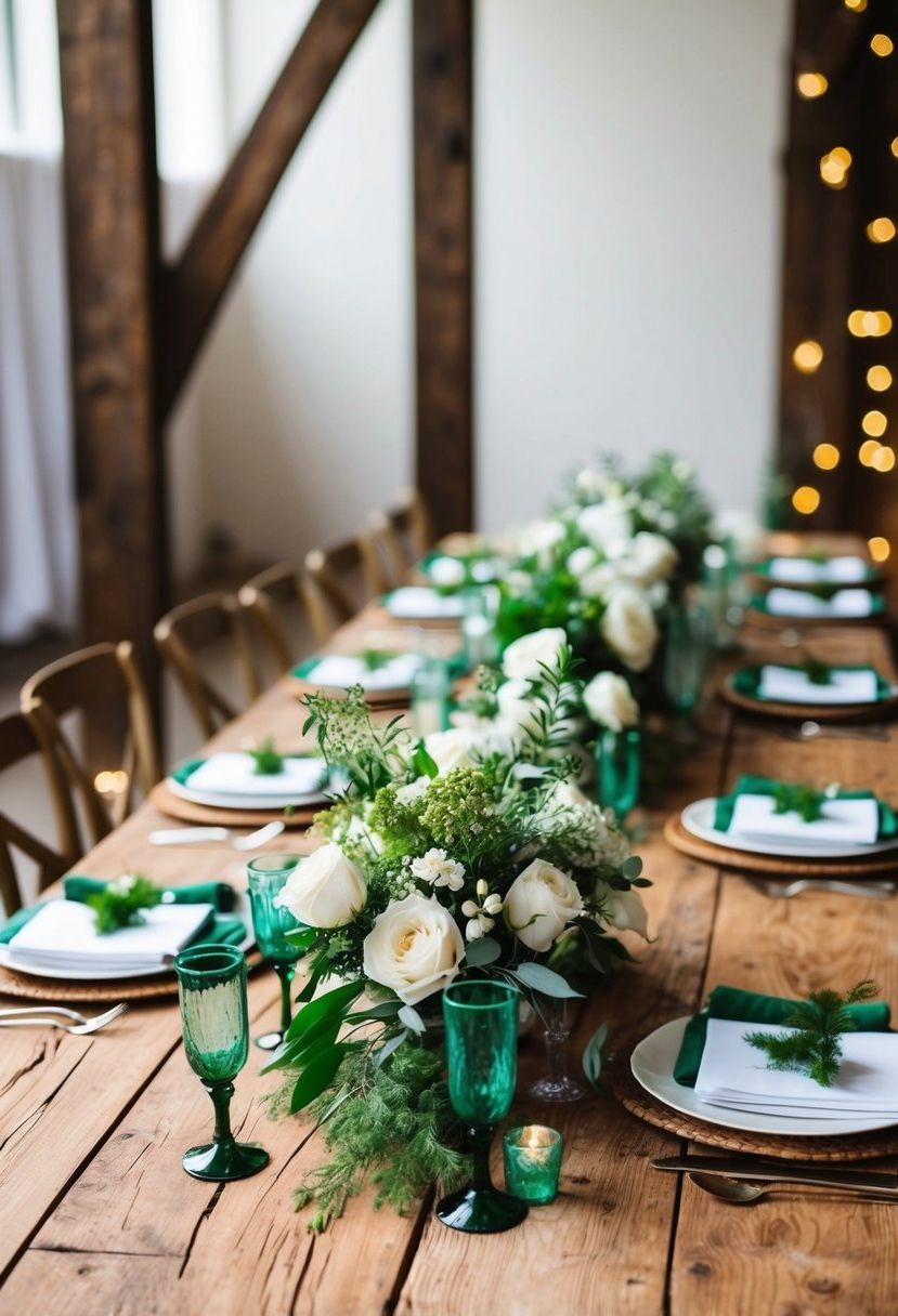 A rustic wooden table adorned with green and white wedding decorations