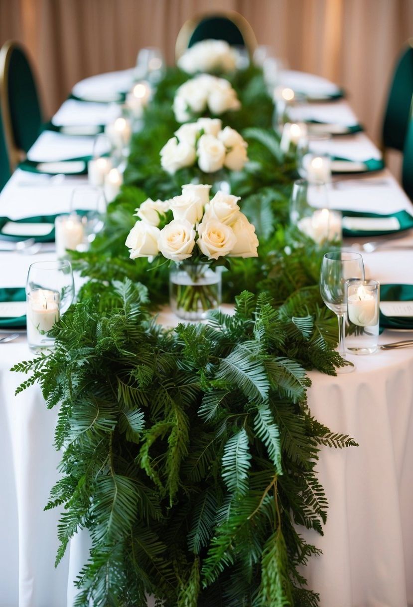 Green garlands draped around a wedding table, adorned with white roses