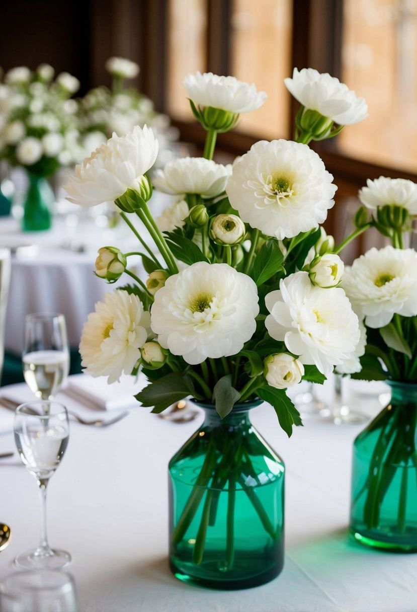 A cluster of white blooms in green vases adorns a wedding table