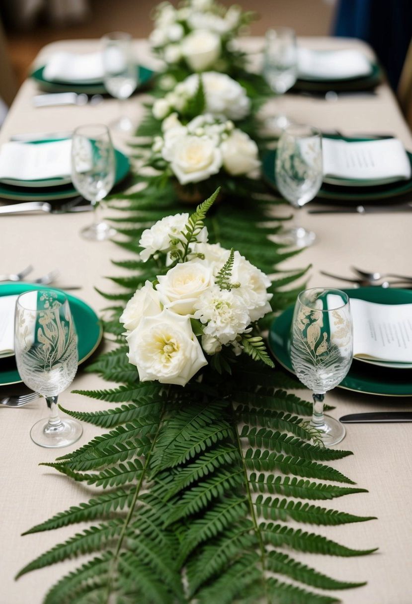 A green fern table runner adorned with white flowers creates an elegant wedding table centerpiece