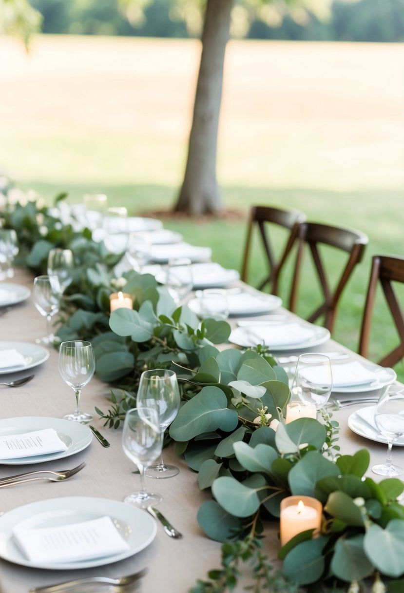 A table adorned with eucalyptus garlands and simple greenery for an August wedding