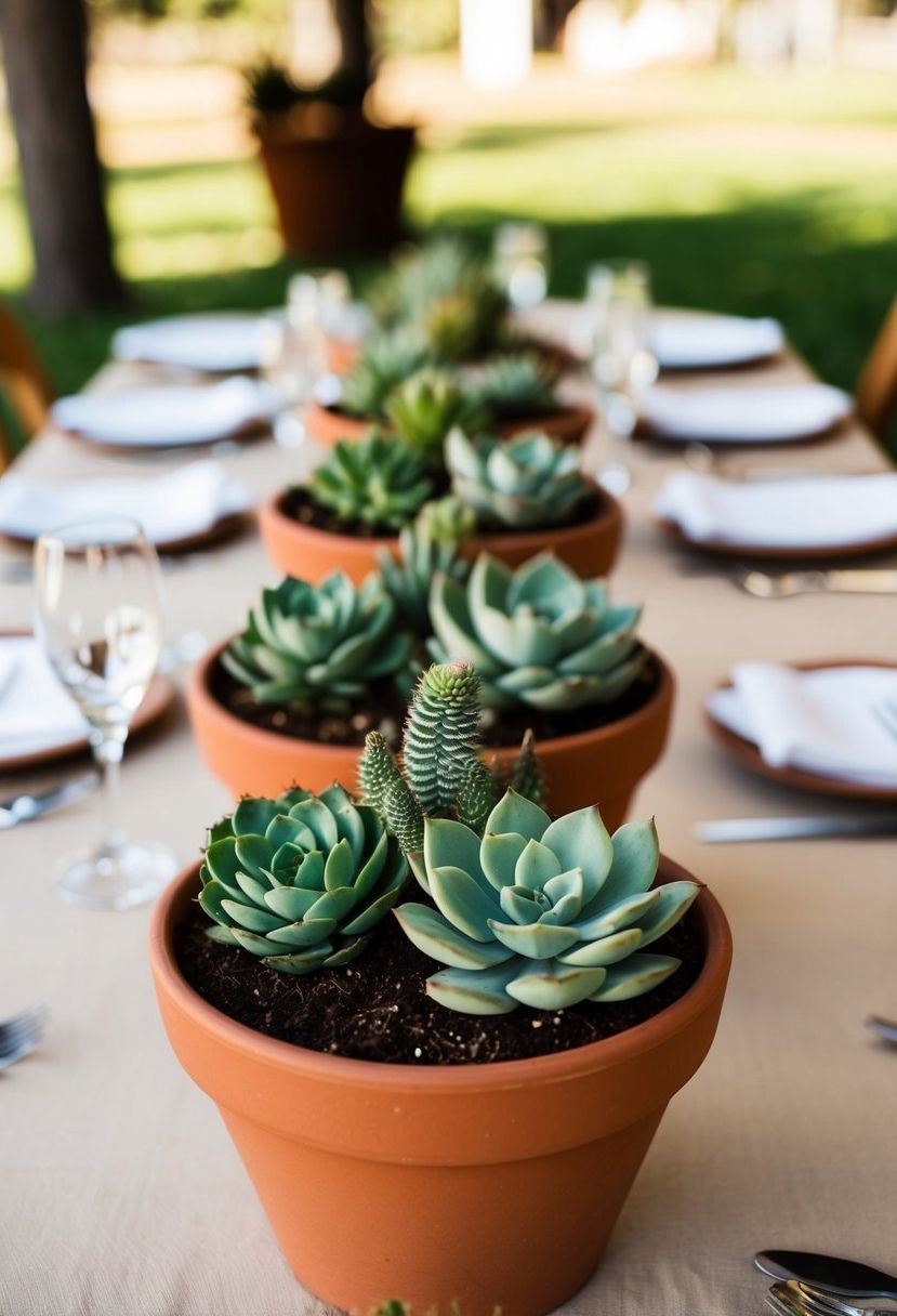 Succulents in terracotta pots adorn an eco-friendly wedding table
