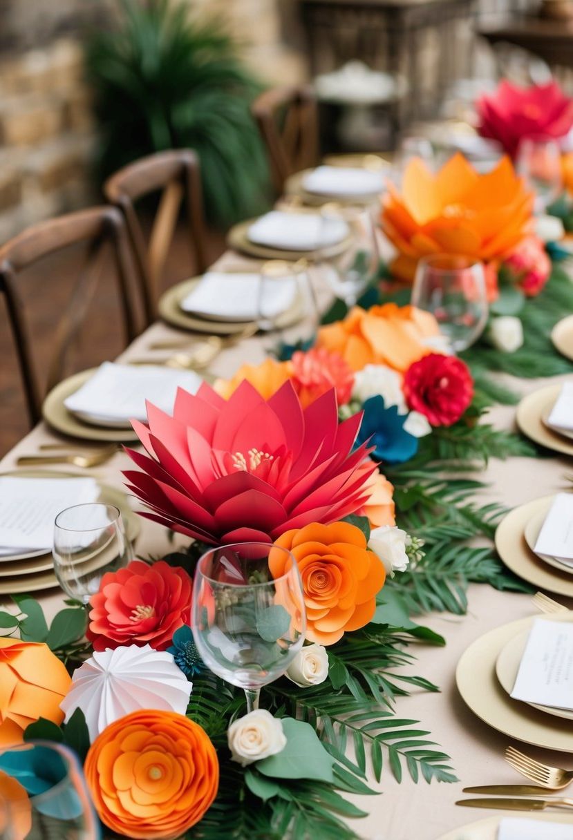 A table adorned with vibrant paper flower arrangements for an August wedding