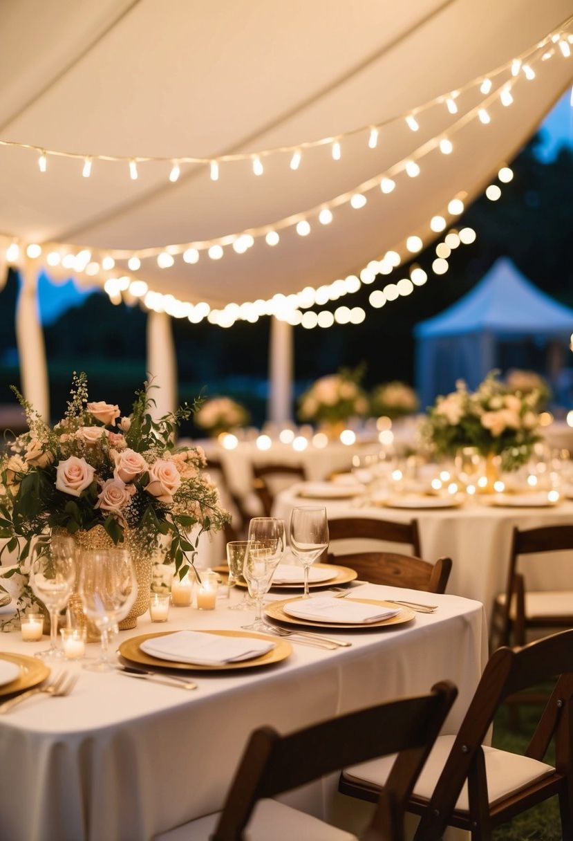 Fairy lights drape over tables, casting a warm glow. Flower arrangements and delicate details add whimsy to an August wedding scene