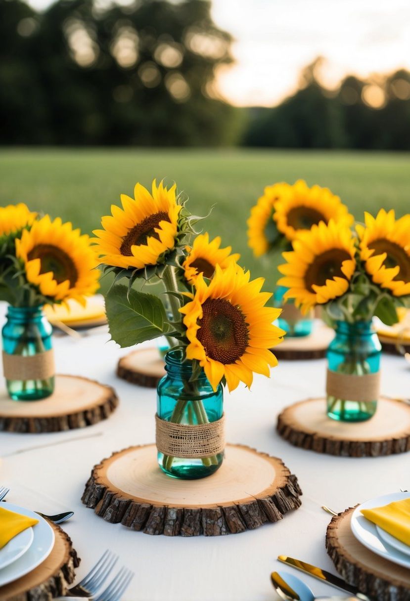 Rustic wood slice centerpieces adorned with vibrant sunflowers create a charming August wedding table decoration