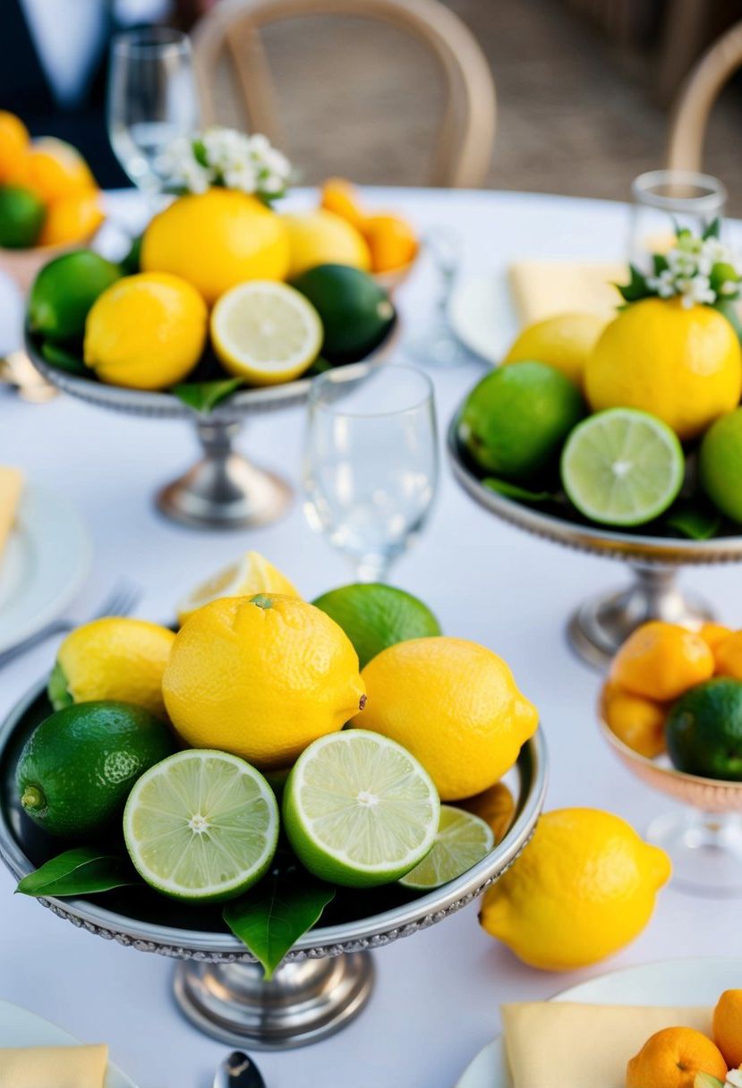 Bright lemons and limes adorn a wedding table with fresh fruit accents