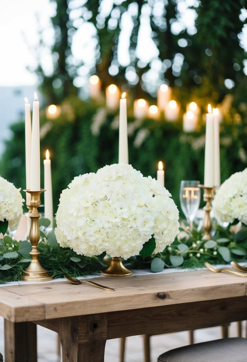 A rustic wooden table adorned with white hydrangeas, greenery, and gold candlesticks, set against a backdrop of lush greenery and soft candlelight
