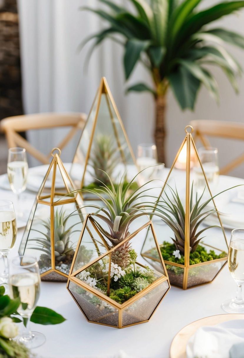 Geometric terrariums with air plants adorn a chic wedding table