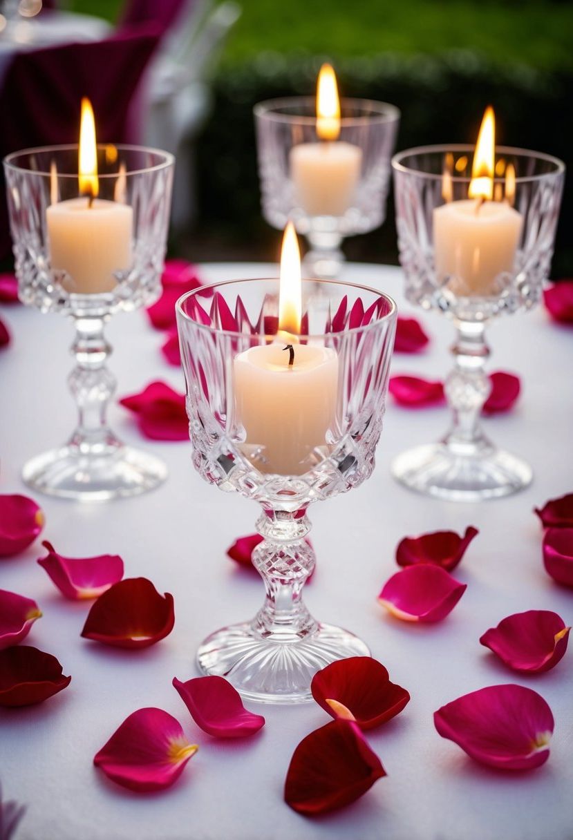 Elegant crystal candle holders surrounded by scattered rose petals on a wedding table