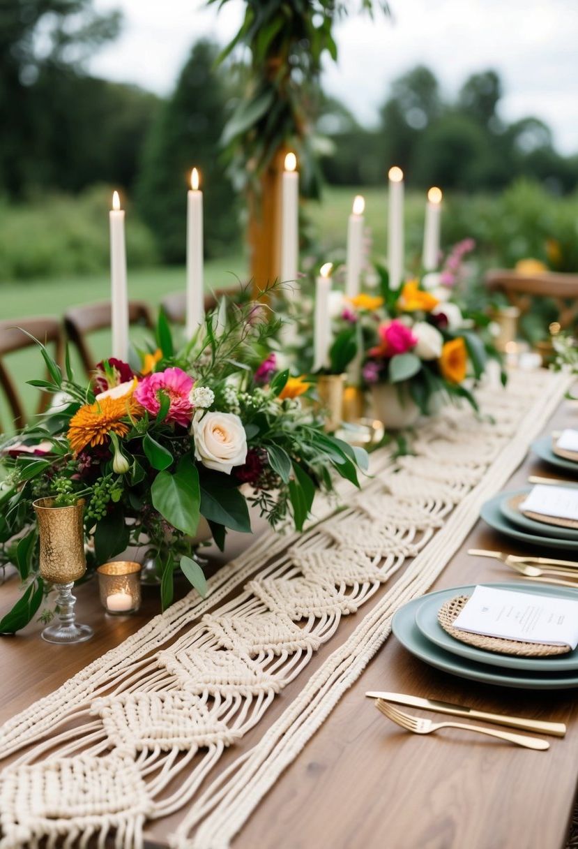 Bohemian macramé runners and placemats adorn an August wedding table, with lush greenery and vibrant blooms as accents