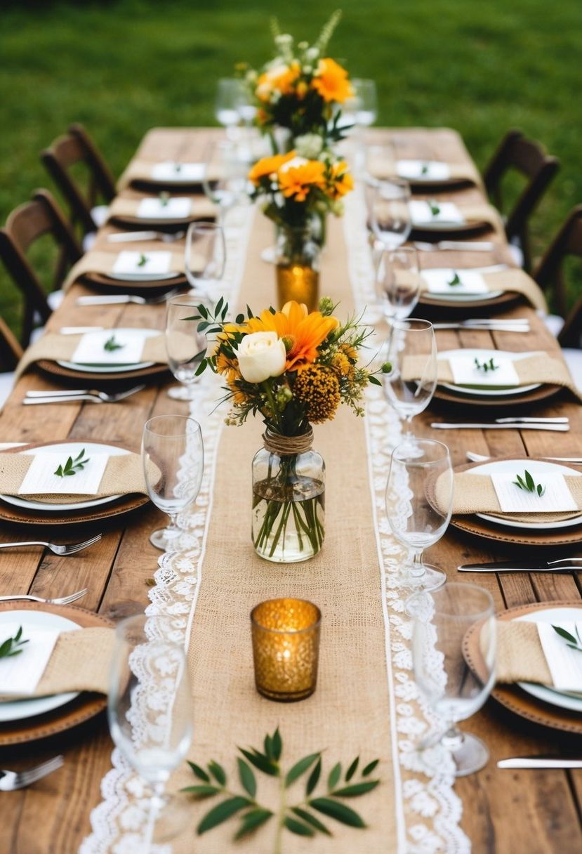 A rustic table adorned with layered burlap and lace settings for an August wedding