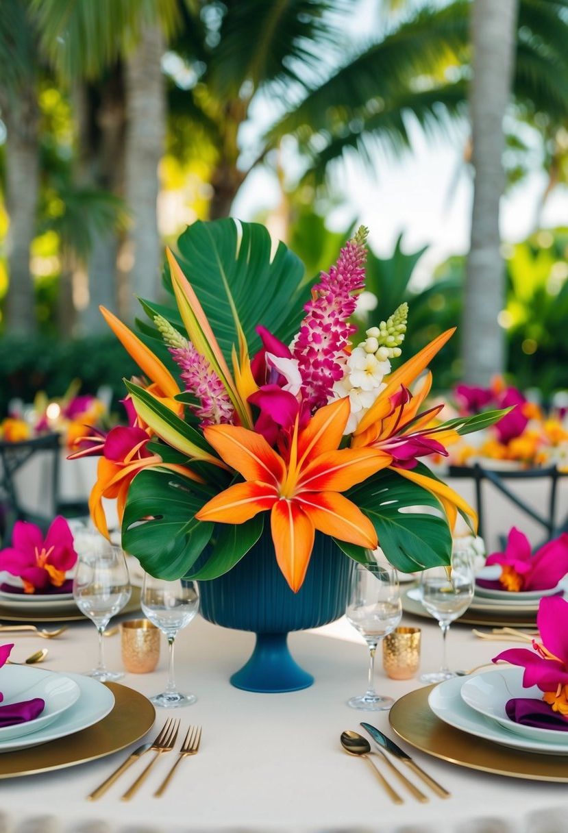Vibrant tropical flowers in bold arrangements adorn an August wedding table