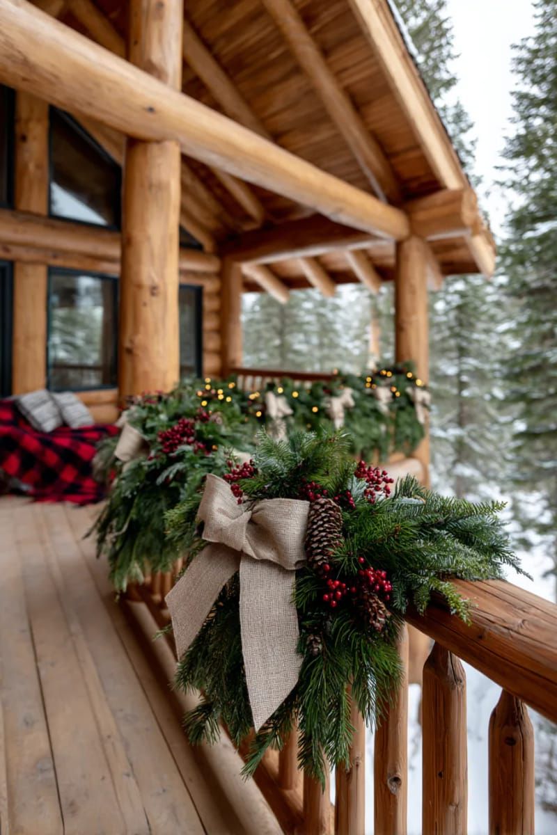 cabin loft balcony trimmed with lush garlands and burlap bows 1