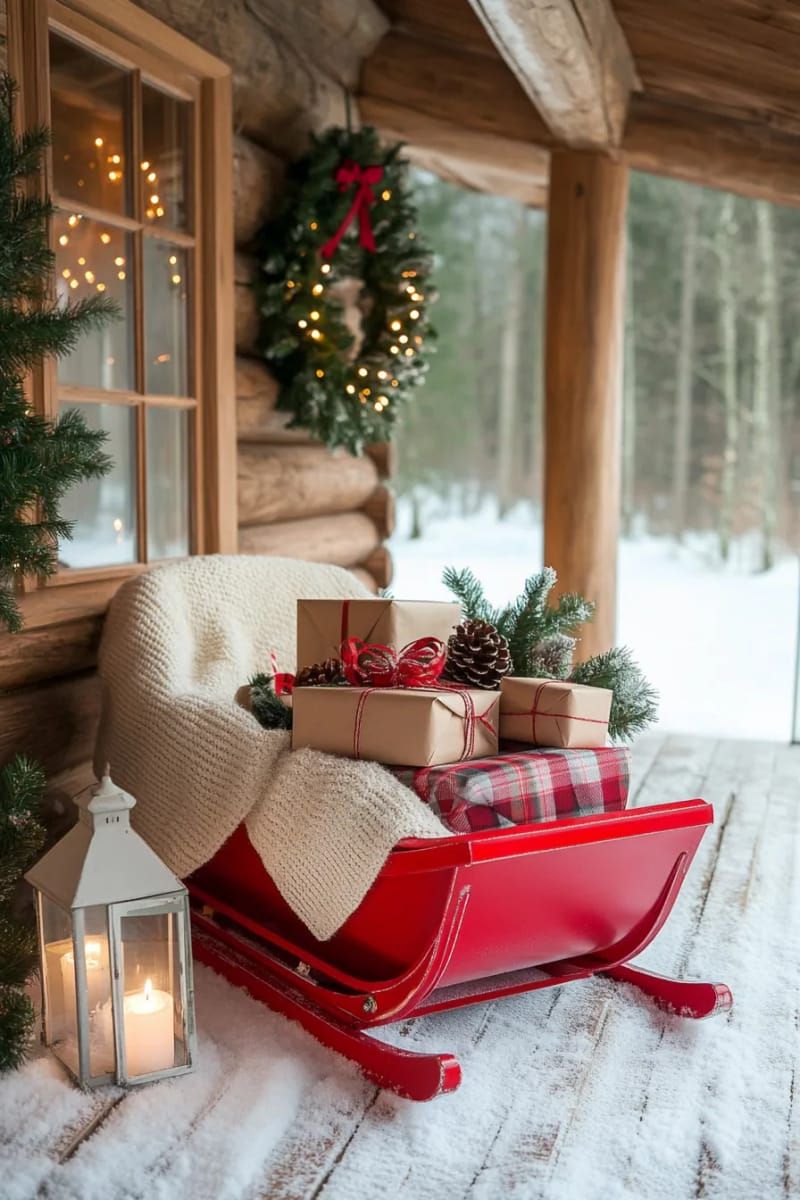 classic red sled stacked with wrapped presents on a snowy porch 1
