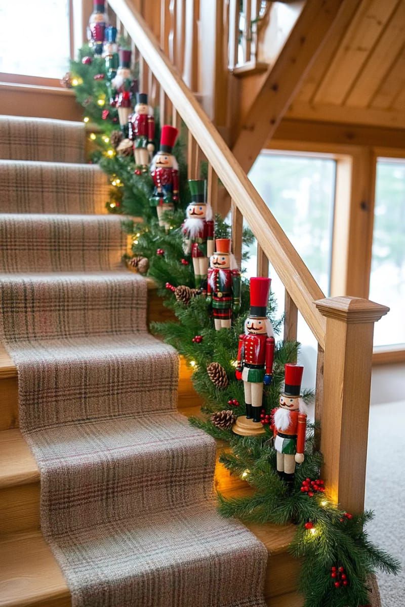 classic nutcracker collection lining the cozy log cabin staircase 1
