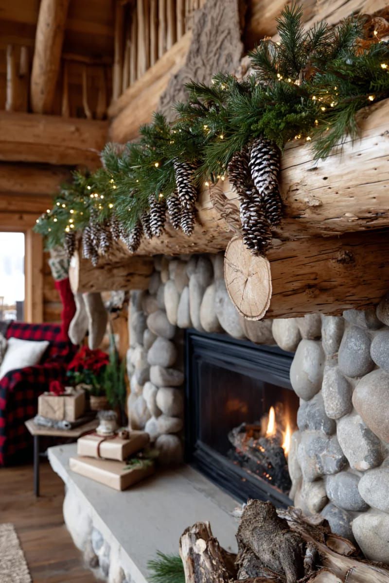 pinecone garland draped across rustic log mantle with glowing fairy lights 1
