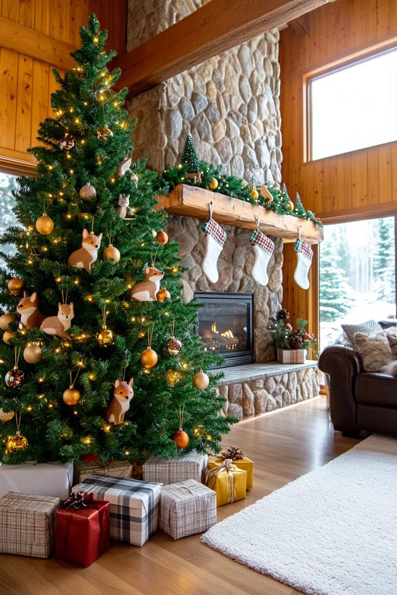 woodland animal ornaments hanging from a classic green christmas tree 1