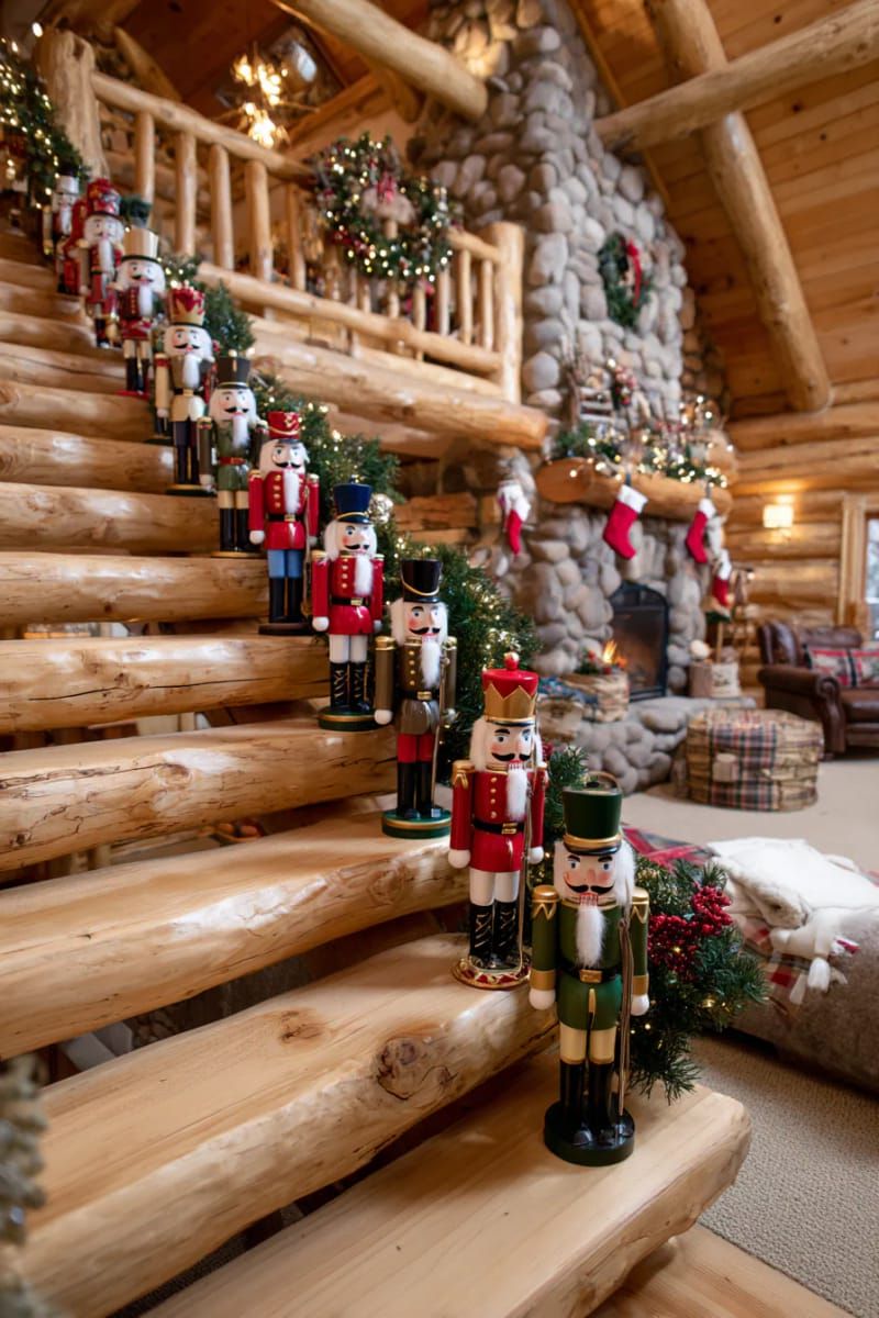classic nutcracker collection lining the cozy log cabin staircase 1