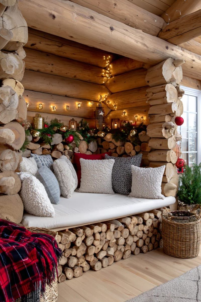 stacked firewood alcove accented with string lights and ornaments 1