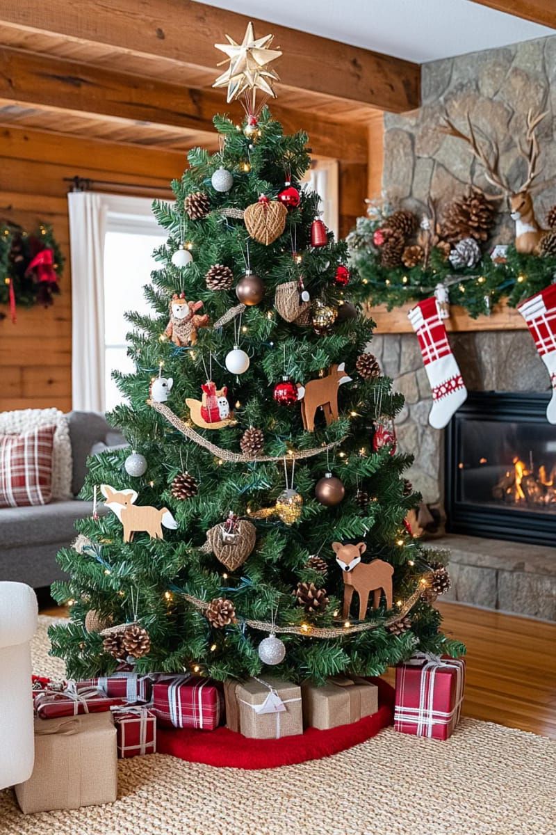 woodland animal ornaments hanging from a classic green christmas tree 1