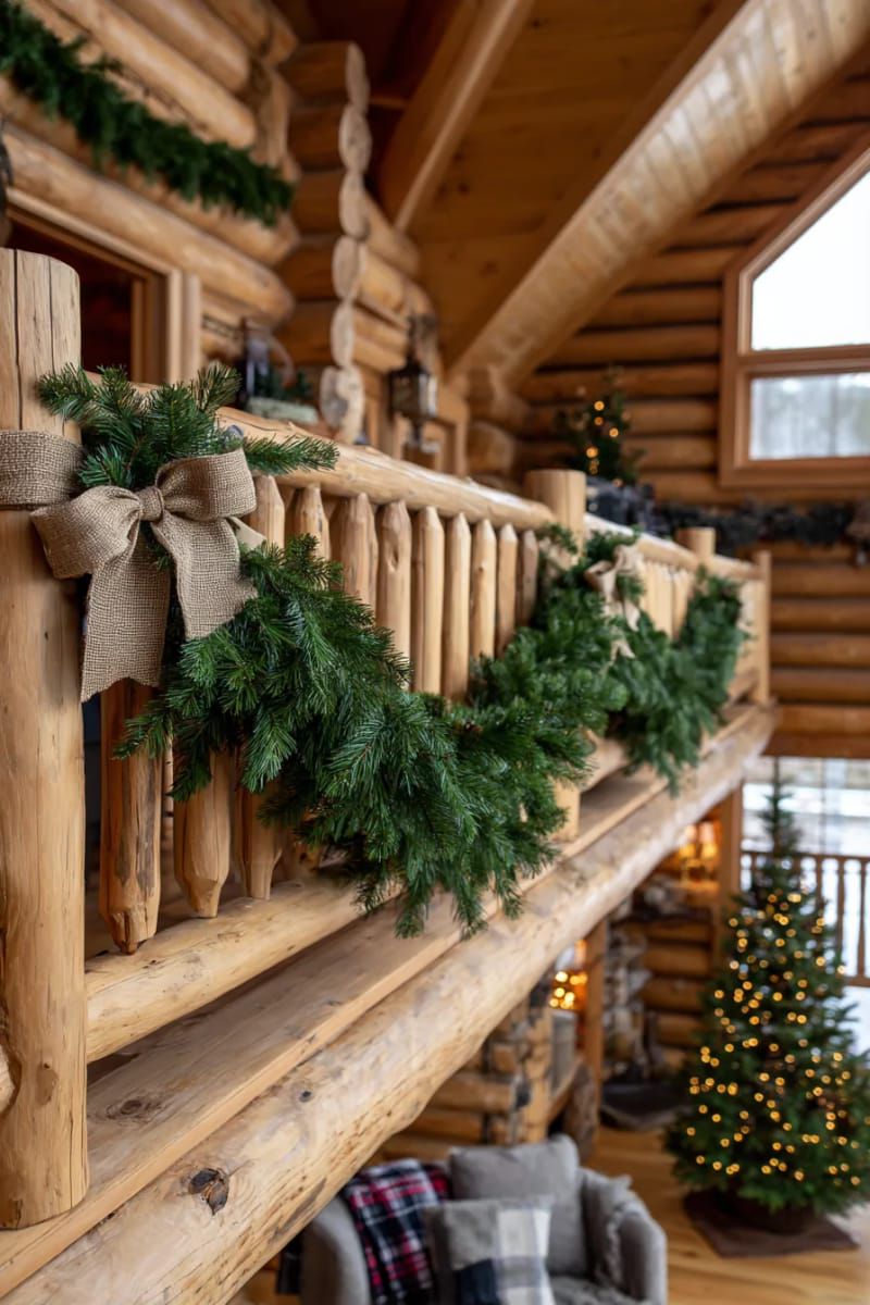 cabin loft balcony trimmed with lush garlands and burlap bows 1