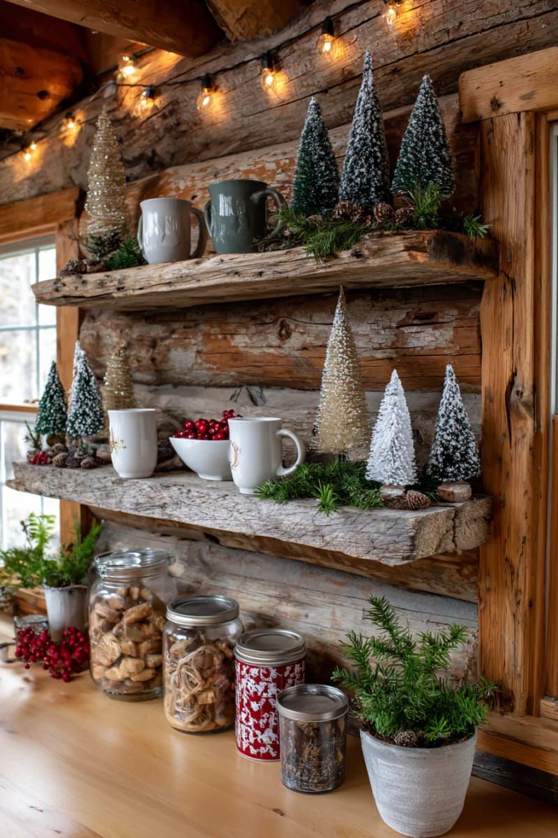 mini forest of bottle brush trees on reclaimed wood kitchen shelves 1