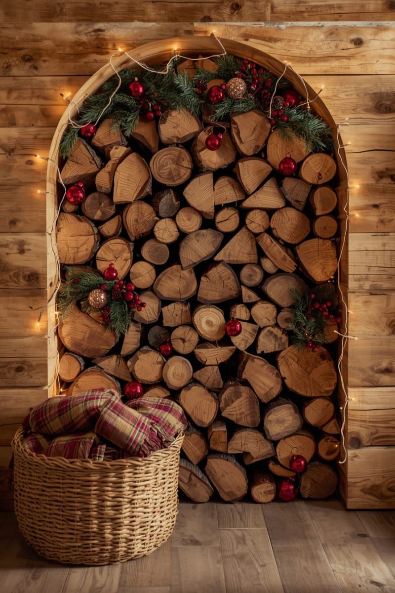 stacked firewood alcove accented with string lights and ornaments 1