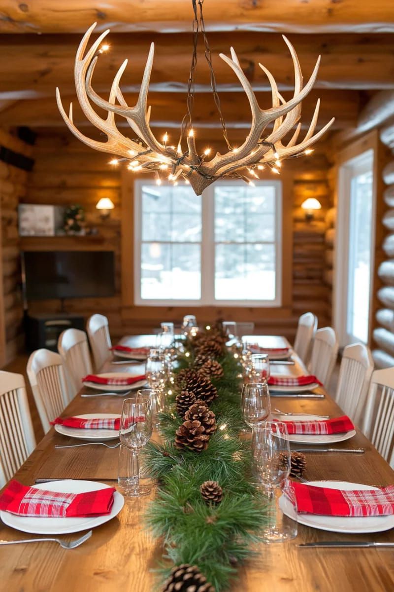 antler chandelier wrapped in twinkle lights over a cabin dining table 1