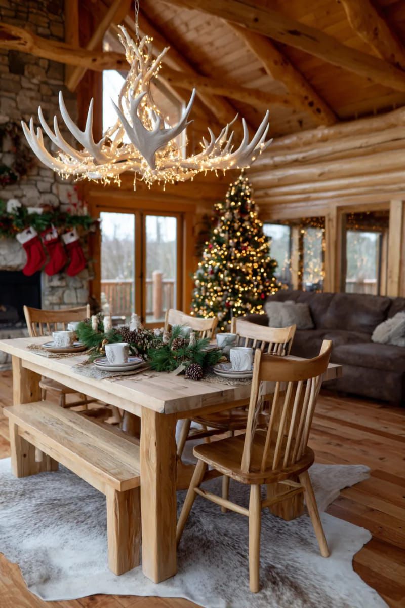 antler chandelier wrapped in twinkle lights over a cabin dining table 1