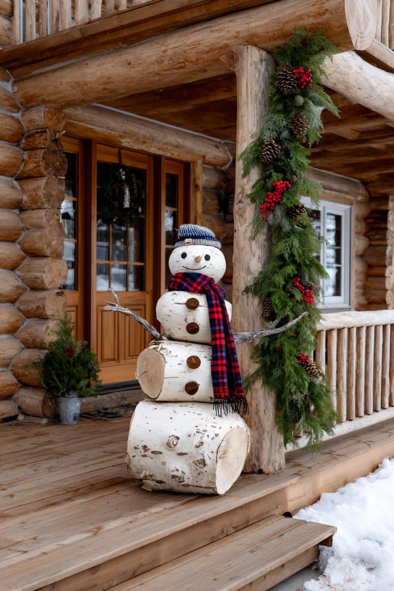 rustic snowman made from birch logs and plaid scarves by the entryway 1