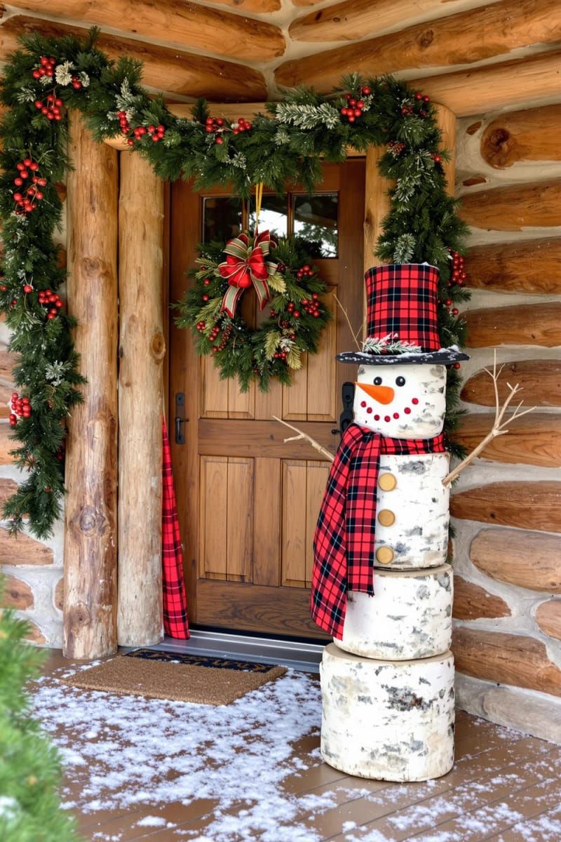 rustic snowman made from birch logs and plaid scarves by the entryway 1