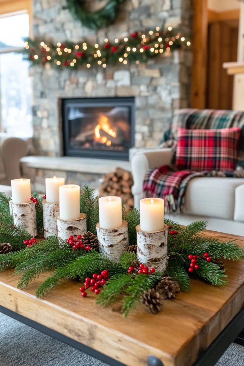 birch log candle holders surrounded by fresh evergreen sprigs 1