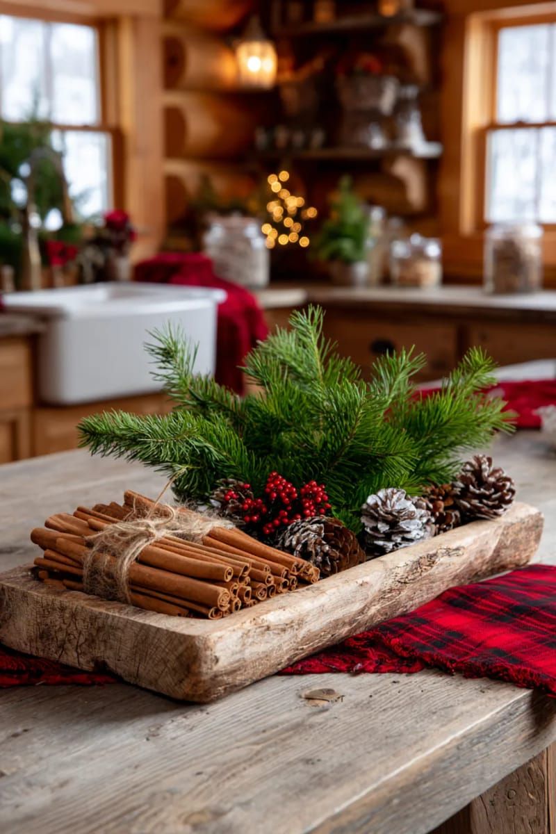 cabin kitchen centerpiece with wooden tray, pine branches, and cinnamon sticks 1