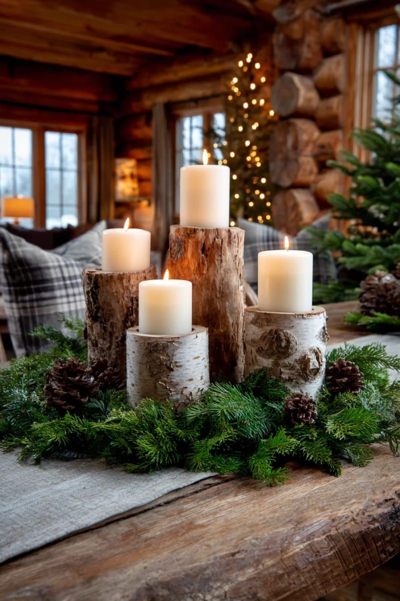 birch log candle holders surrounded by fresh evergreen sprigs 1