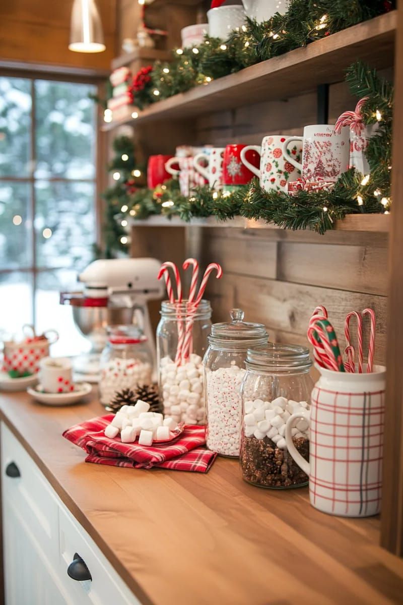 hot cocoa bar with vintage mugs and marshmallow-topped jars in the cabin kitchen 1