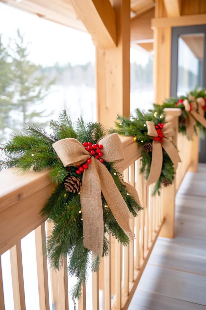 cabin loft balcony trimmed with lush garlands and burlap bows 1
