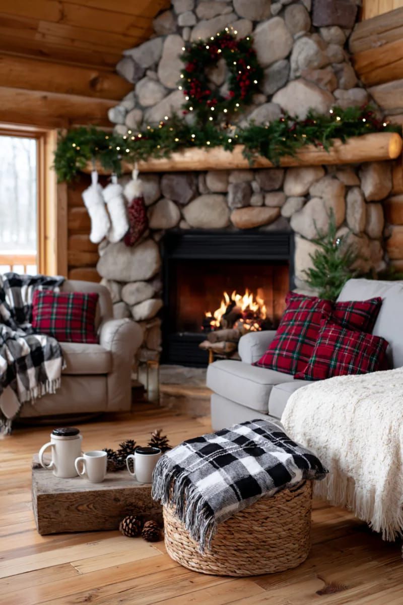 cozy plaid throws and tartan pillows by a roaring stone fireplace 1