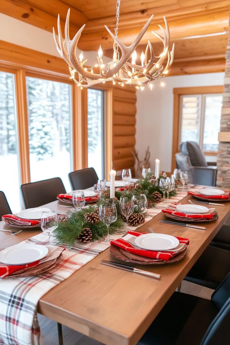 antler chandelier wrapped in twinkle lights over a cabin dining table 1