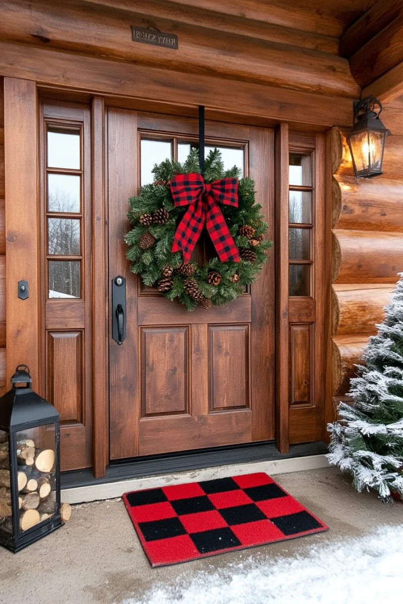 oversized rustic wreath with pinecones and buffalo plaid ribbon on log door 1