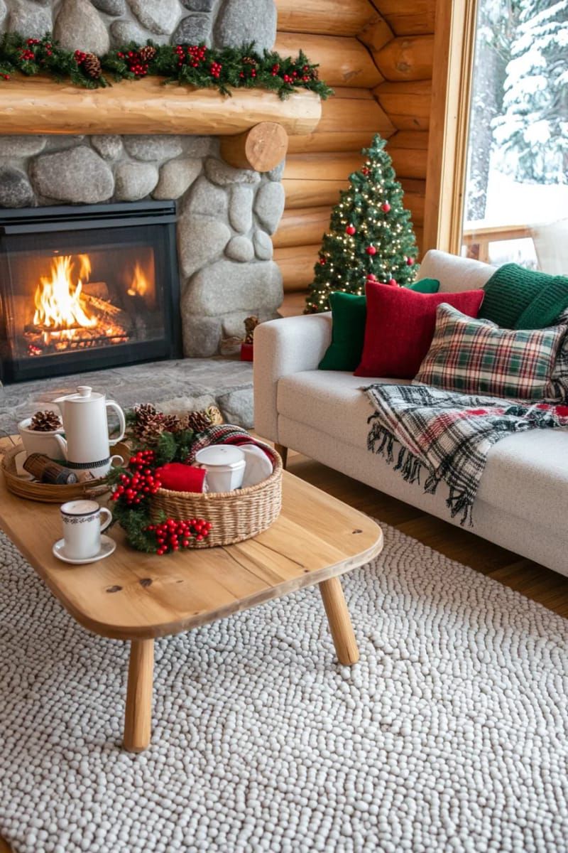 cozy plaid throws and tartan pillows by a roaring stone fireplace 1