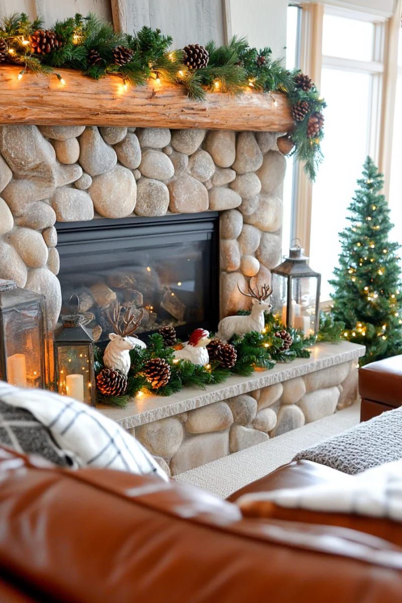 pinecone garland draped across rustic log mantle with glowing fairy lights 1