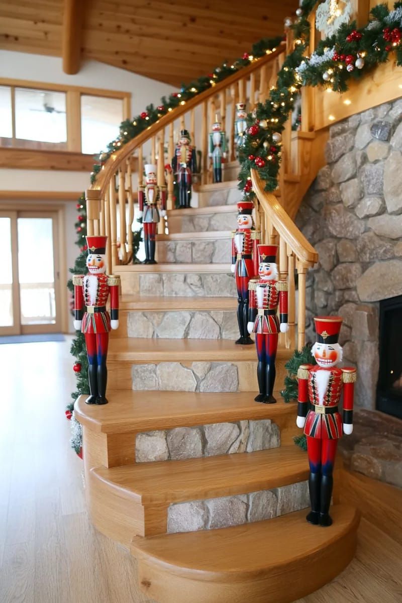 classic nutcracker collection lining the cozy log cabin staircase 1