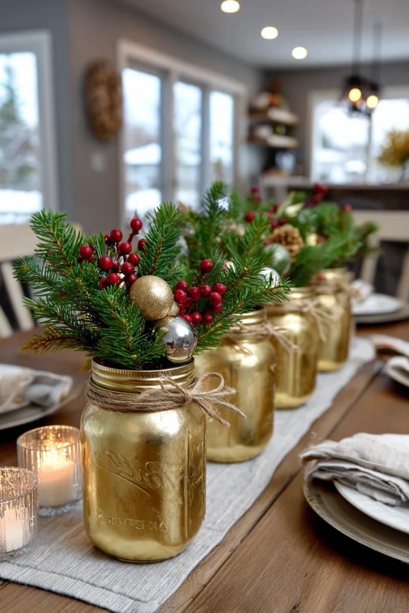 shimmering gold-painted mason jars tied with twine and filled with greenery 1
