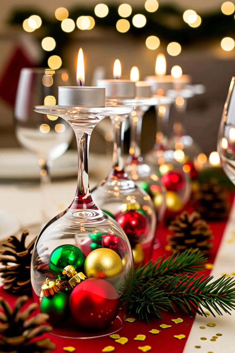 wine glasses flipped upside down with ornaments inside and tealights on top 1