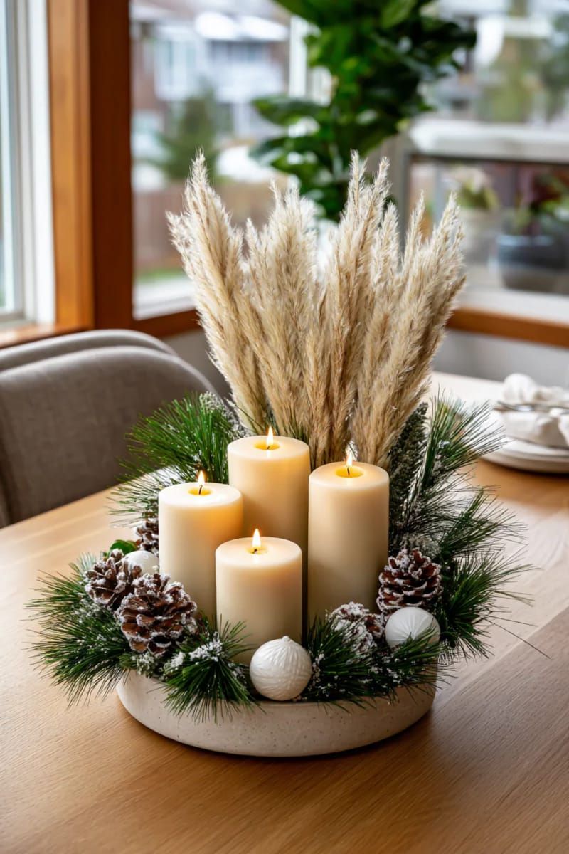 neutral centerpiece with pampas grass, pine, and beige candles 1