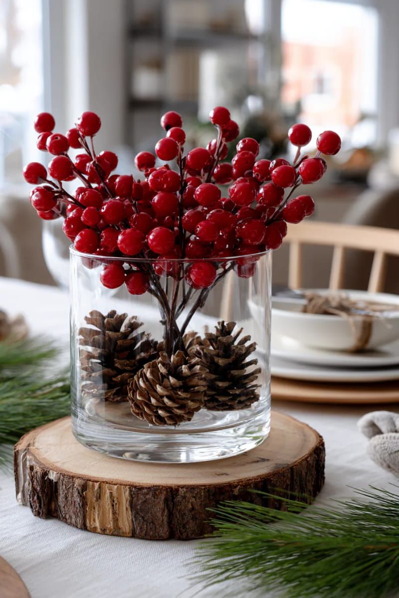 simple vase with faux red berries and pinecones on a wood slice 1