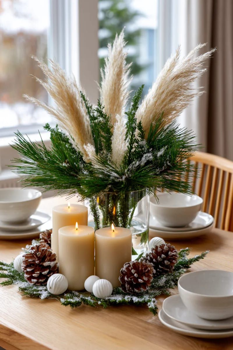 neutral centerpiece with pampas grass, pine, and beige candles 1