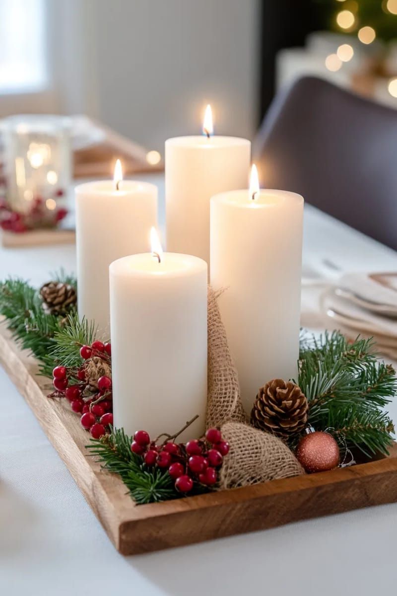 rustic wooden tray with pillar candles and fresh evergreen sprigs 1