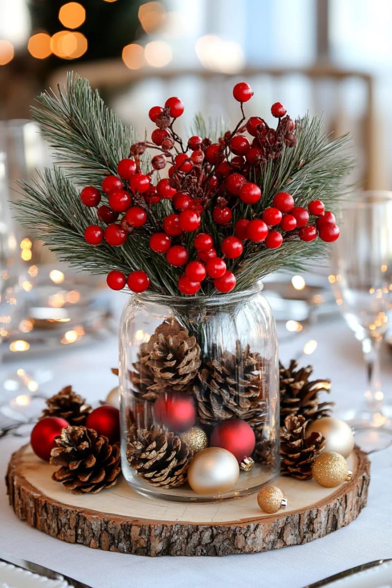 simple vase with faux red berries and pinecones on a wood slice 1